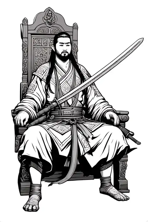 Samurai Wielding A Sheathed Sword Sitting On A Throne Covered In Lesotho Blanket