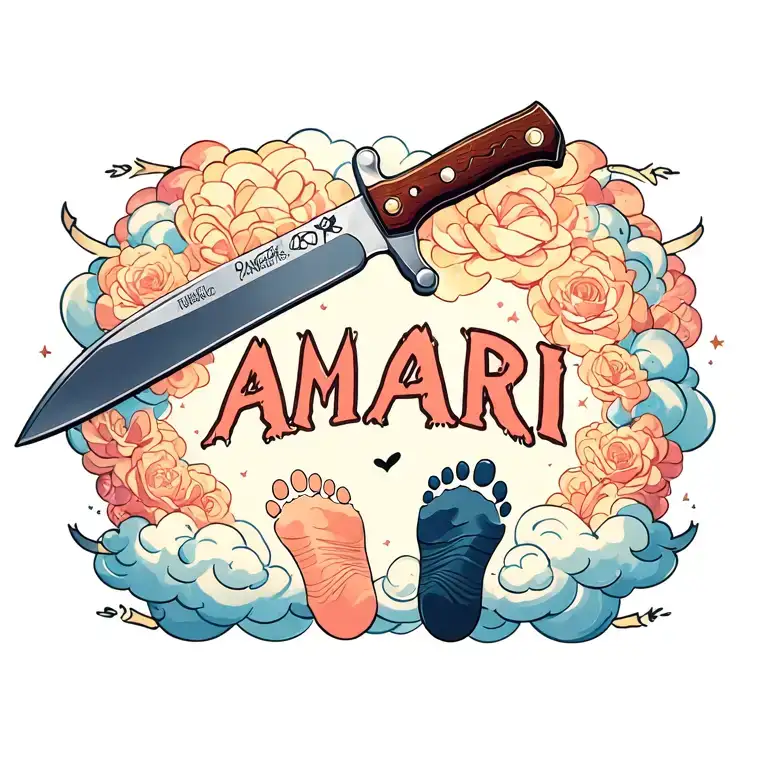 Knife Like A Cross Surrounded With Clouds And Footprint Of Baby And A Name Amari