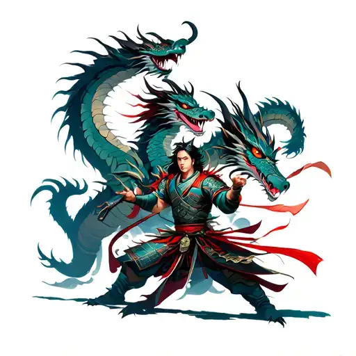 Gheisha And Samurai Warrior Battling A Dragon