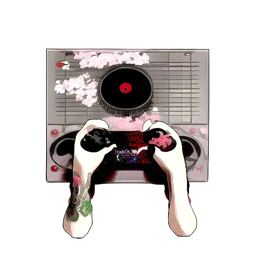 Traditional Tattoo Of A Gaming Controller Surrounded By Cherry Blossoms And Music Notes