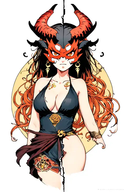 Nami From One Piece With A Demon Oni Mask Split In Two Around Her