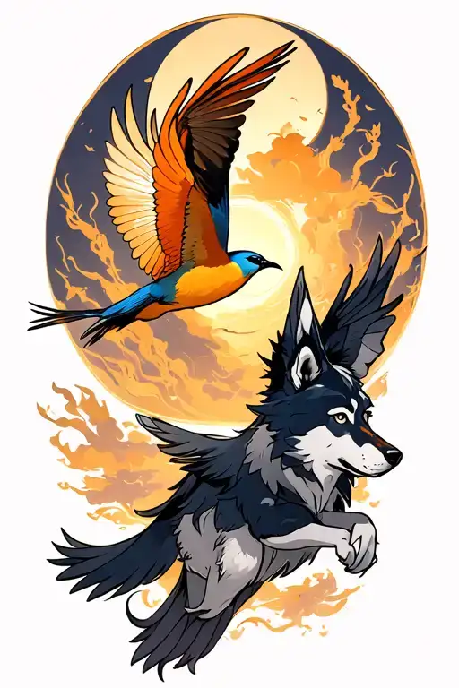 Wolf And Kolibrie Bird Flying Away