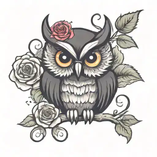 Cute Dark Owl With 3 Roses