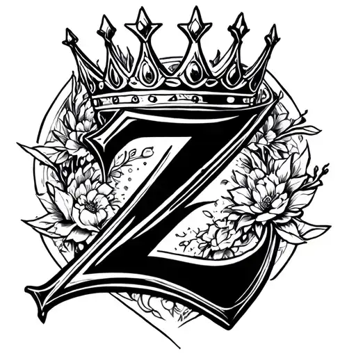A Capital Z With A Intricate Crown Sitting On The Top Of It In Black And White