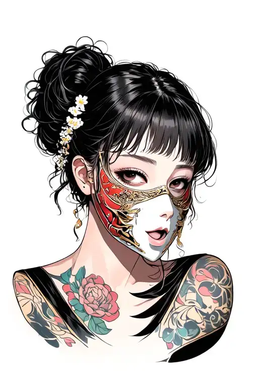 The Face Of A Woman Tearing The Mask Of Kitsuna From Her Face