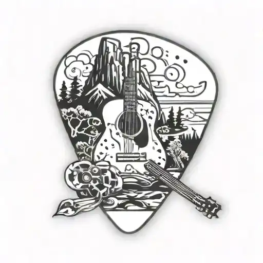 Guitar Pick With Gaming And Hiking Inside Representing