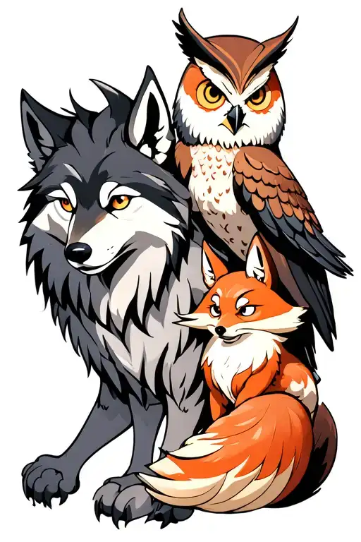 A Wolf And An Owl Protect A Small Nine-tailed Fox Surrounded