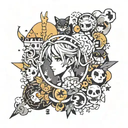 A Dotwork Design Featuring A Collage Of Iconic Anime Symbols And Motifs