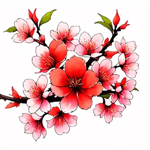 Sakura Bright Red Flowers On A Branch Soaring Petals Sakura