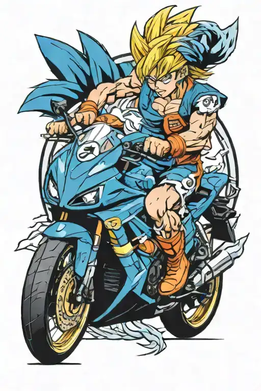 An Electrician-themed Tattoo Featuring A Blue Suzuki Gsx-r And Son Goku's Power Aura