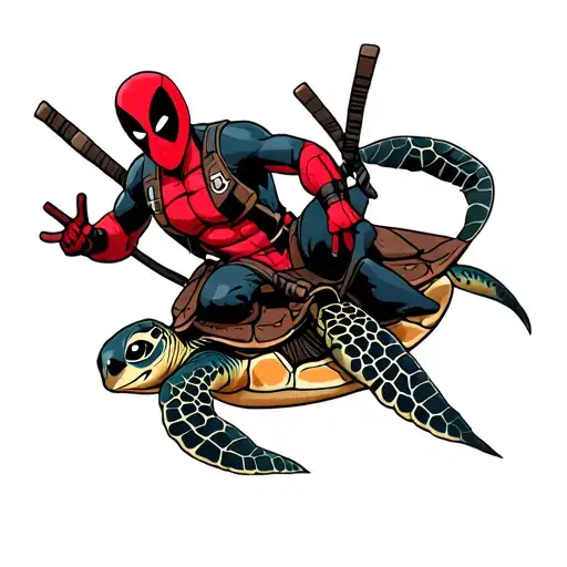 Deadpool Riding A Sea Turtle Swimming