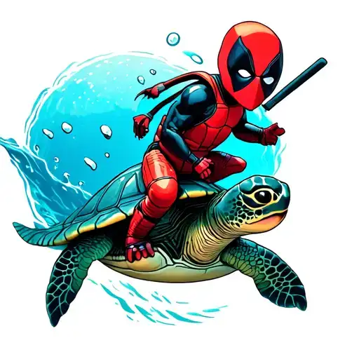 Baby Deadpool Riding A Sea Turtle Swimming