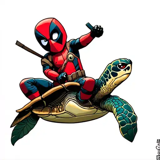 Baby Deadpool Riding A Sea Turtle Swimming