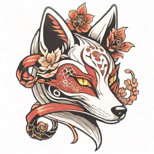 Side Profile Kitsune Mask Cherry Blossoms Red Spider Lily And A Japanese Kanji Of The Fox
