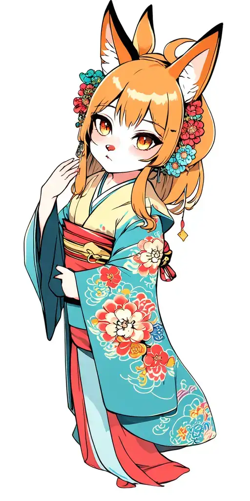 Anime Human Face Female Kitsune Wearing A Kimono