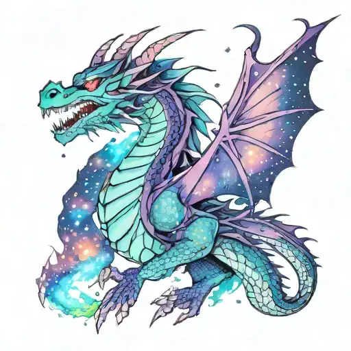 Purple And Teal Dragon Breathing Fire With A Galaxy Background