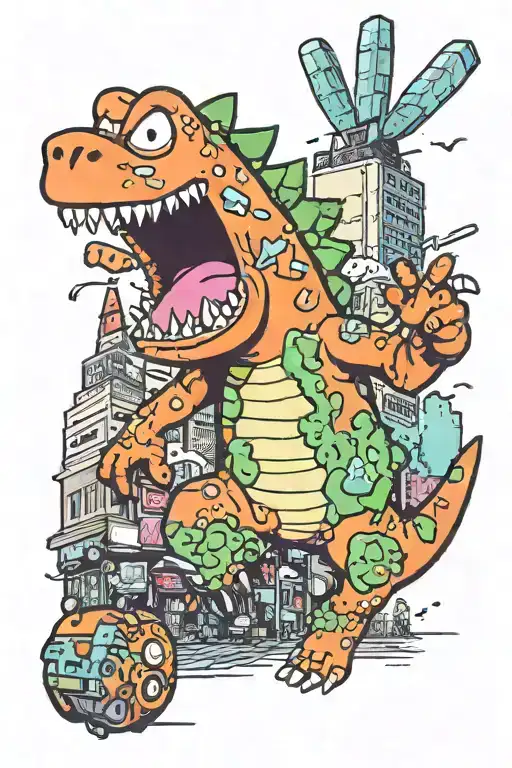 Reptar Stopming Through Shinjuku With Domokun Running Away