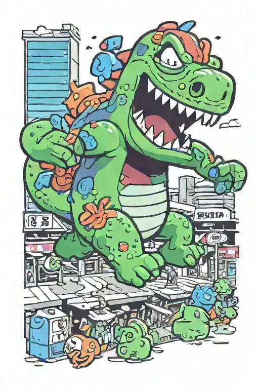 Reptar Stomping Through Shinjuku With Domokun Running Away