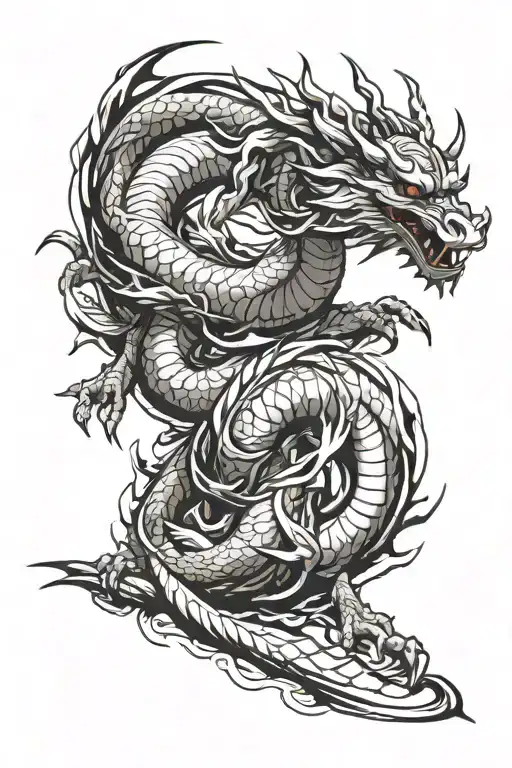 Sketch Tattoo Dragon And Samurai Anime In Japanese Style