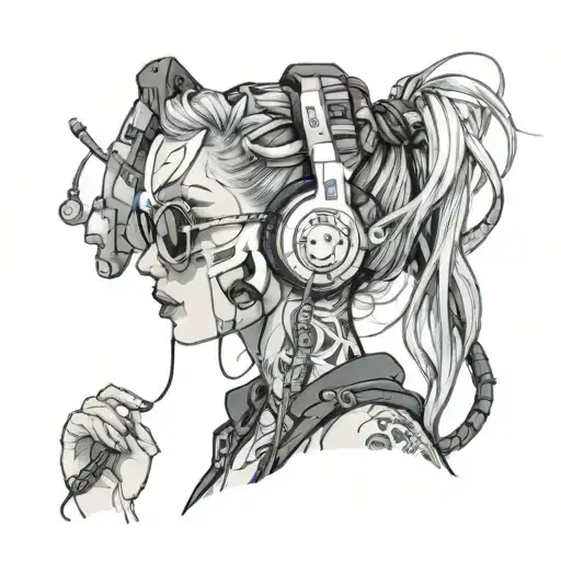 Cyberpunk Woman Tattoos Headphones Rave Music Cables Sexy Sunglasses