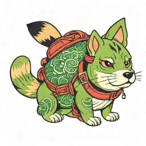Green Shibu Inu With Frog Eyes With A Traditional Japanese Backpack