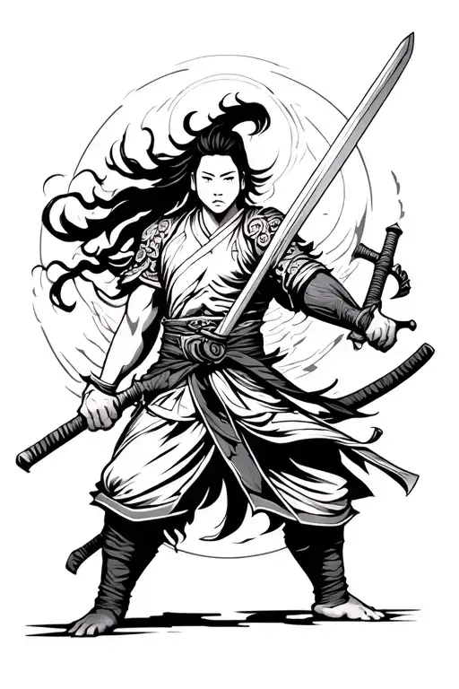 Asian Warrior With A Broad Sword Symbolizing Strength And Wisdom In Black Color