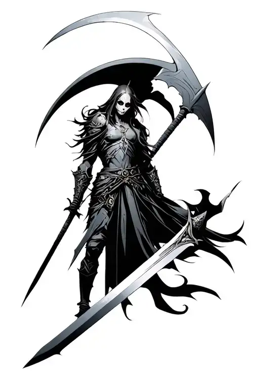 Warrior Similar To Death With A Scythe With A Broad Sword Symbolizing Strength And Wisdom In Black
