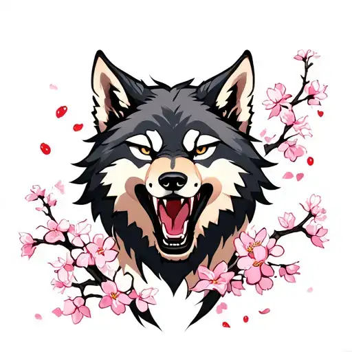 Fenrir Style Wolf Growling With Cherry Blossoms