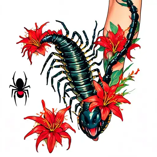 Centipede Wrapped Around Arm With Red Spider Lilies Scattered Around
