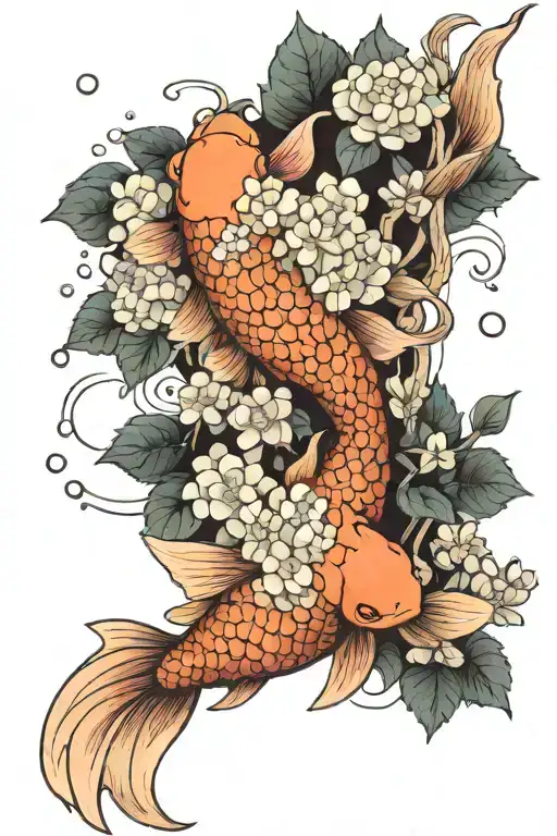 Koi Fishes With Hydrangea Flowers