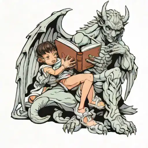 Female Gargoyle Warrior Reading With Her Baby