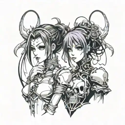 Wicked Goth Cyborg Sisters Facing Each Other