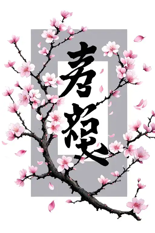 Cherry Blossom Tree Branch And Petals Falling Amongst Japanese Characters