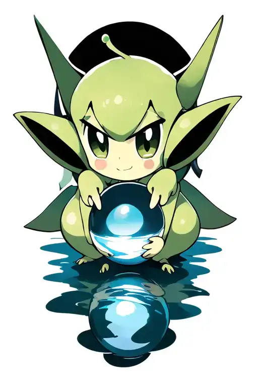 Pokemon Celebi Holding A Sphere With The Reflection Of My Family