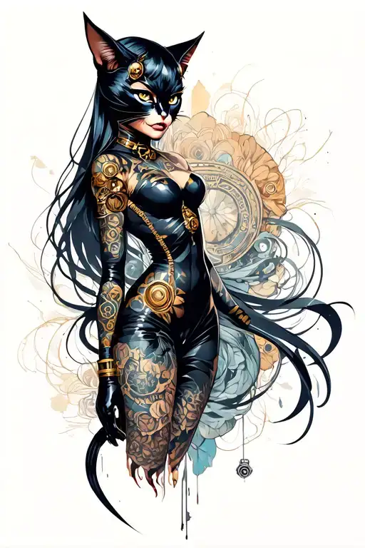 Steampunk Catwoman Silhouette Intertwined With Artistic