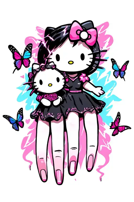 Kuromi And Hello Kitty With Lightning And Butterflies Leading To The Fingers