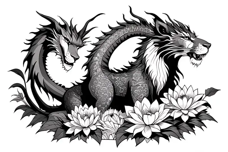 Dragon Next To A Lioness With Dahlias And Lotuses And Lilies