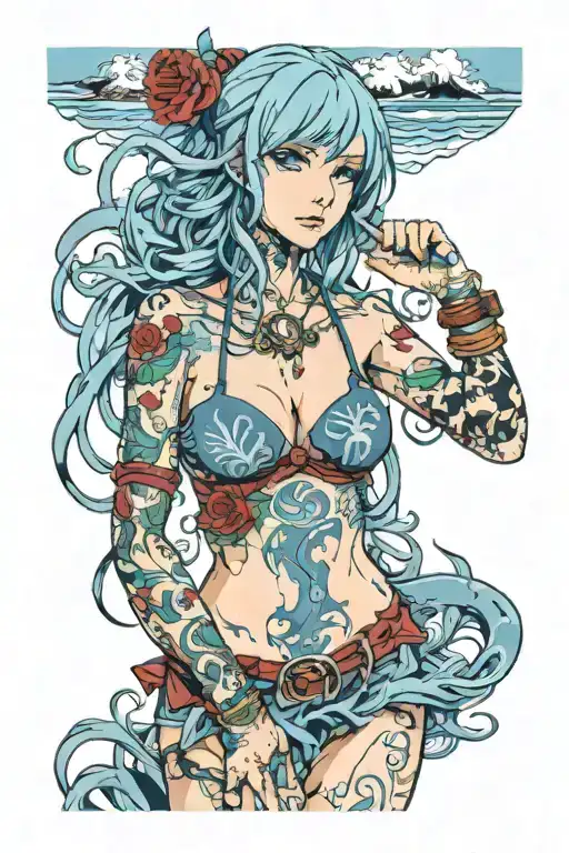 Neo-anime Blue Haired Woman Covered In Tattoos On The Beach