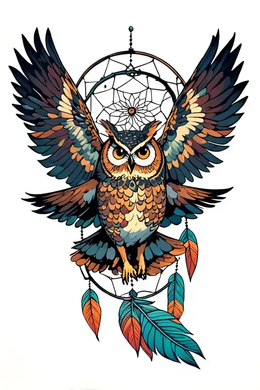 Owl Landing On Dream Catcher Based