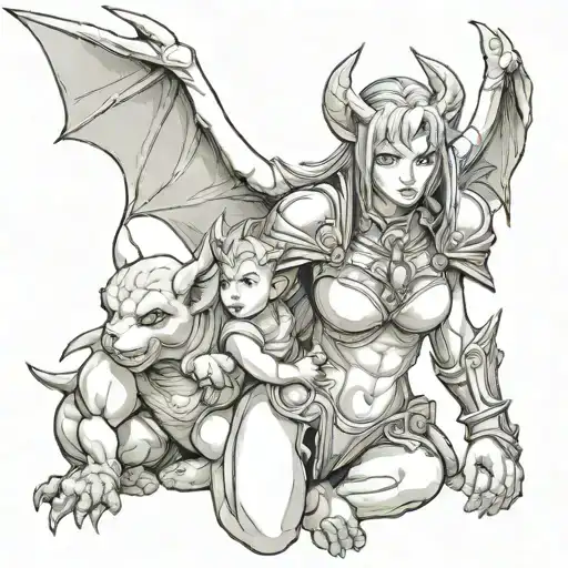 Female Gargoyle Warrior With Her Baby