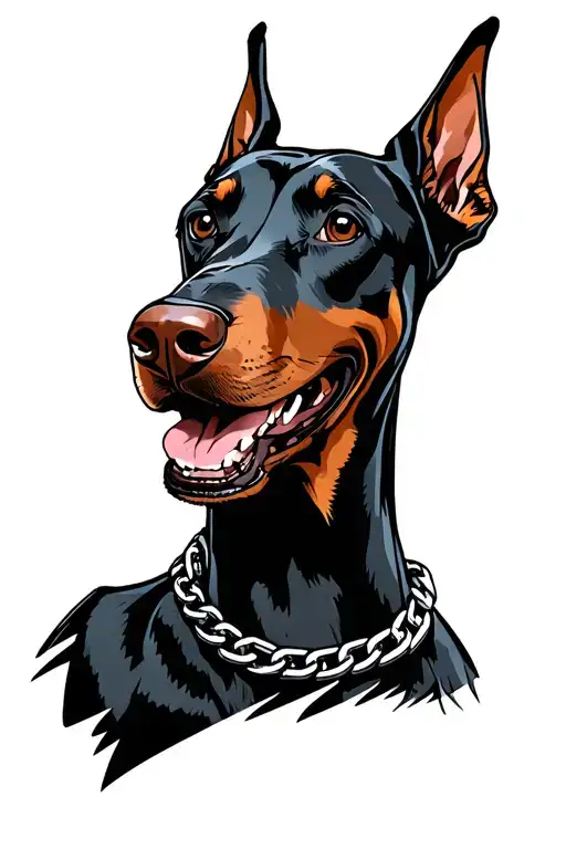 Smiling Doberman Head Comicstyle With Chain Necklace