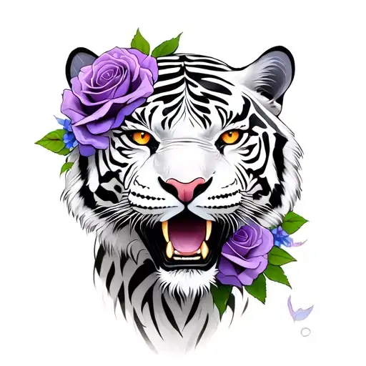 White Tiger And Purple Roses