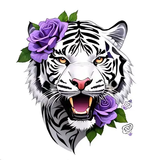 White Tiger And Purple Roses