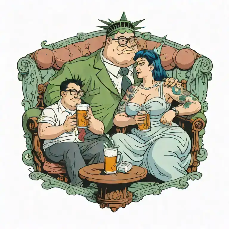 Peter Griffin Having A Drink With A Woman Dressed As The Statue Of Liberty