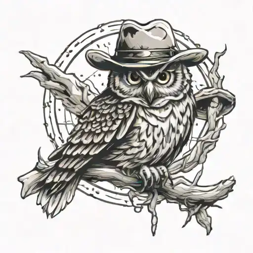 Owl Perched With Cowboy Hat Sitting