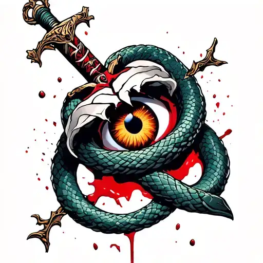 A Complete Sword With Broken Pieces Wrapped With 2 Snakes And One Eye In The Middle With Blood
