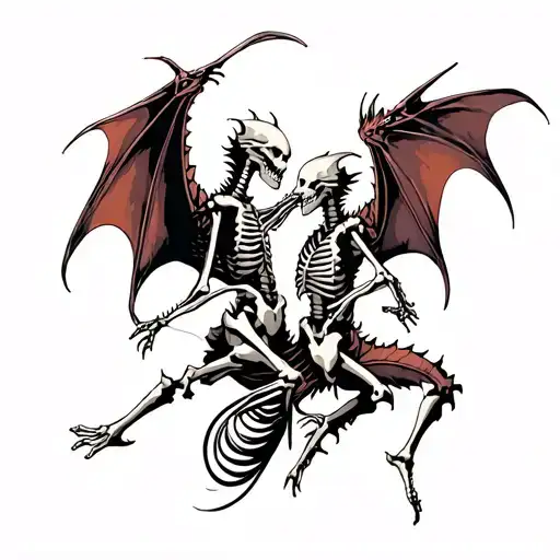 Skeleton Fighting Each Other With Dragons Flying