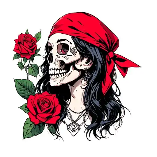 Skulls And Rose Hot Dope Girl With Red Bandana