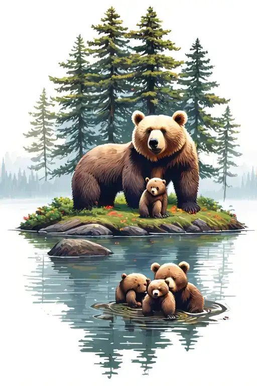 Trees Over A Lake With An Adult Bear And Two Baby Bears