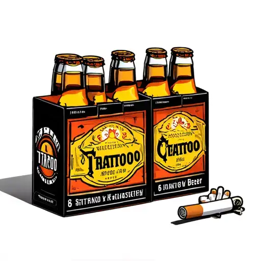 6 Pack Of Beer Next To Pack Of Cigarettes Standing Straight